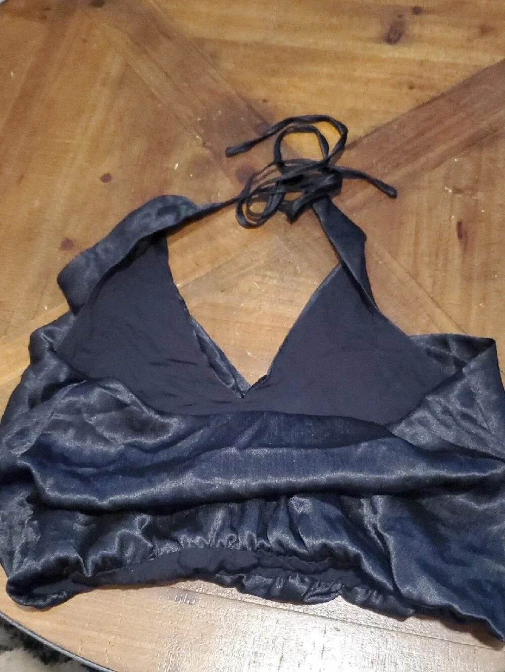 Mustard Seed Black Satin Halter Crop Top